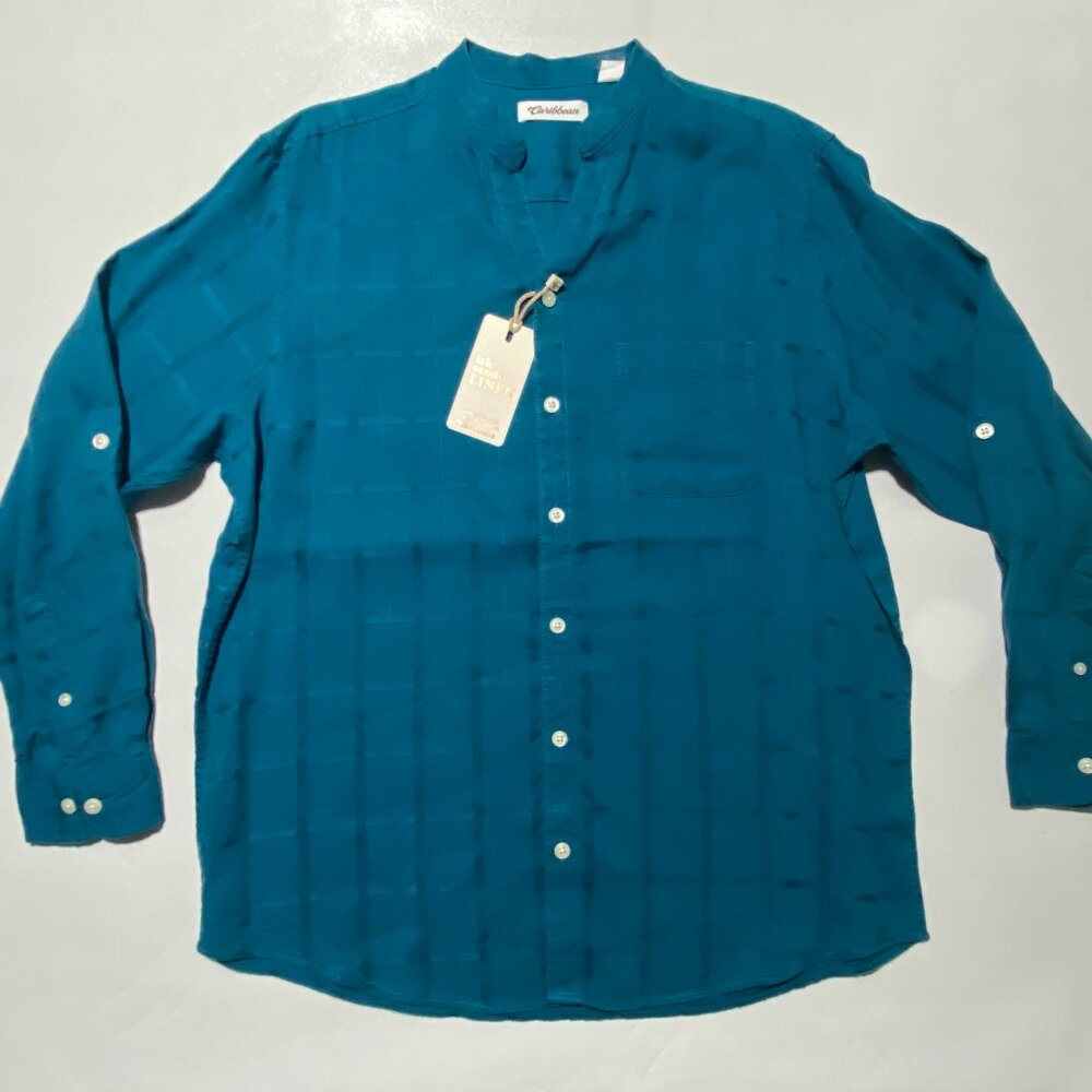 NEW Mens Caribbean Isle Sands Long Sleeve Button Shirt Mandarin Linen Teal
